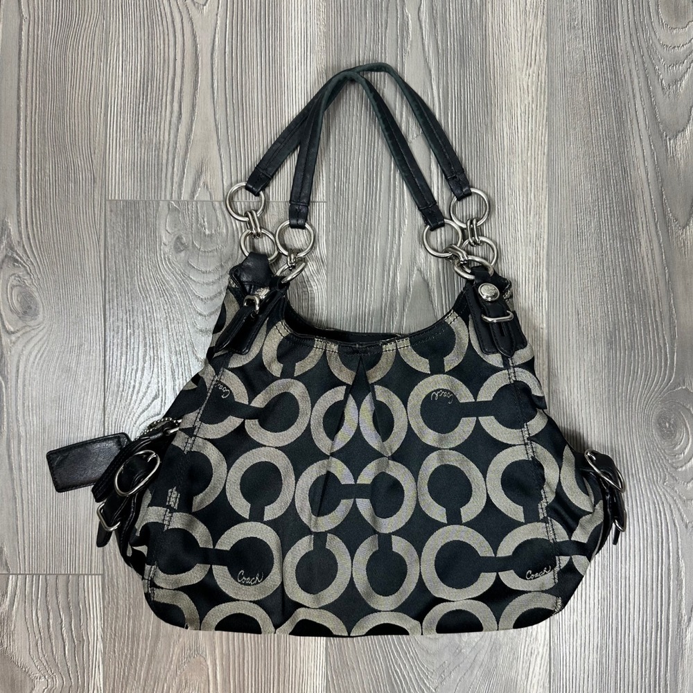Coach Signature Maggie Shoulder Bag #G1082-15757 Black Logo Purple Lining Y2K